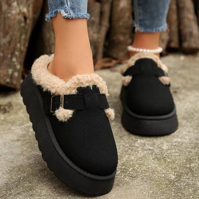 Fuzzy Trim Buckle Platform Slippers