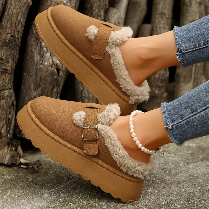 Fuzzy Trim Buckle Platform Slippers