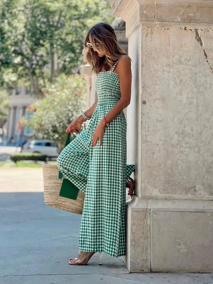 Gingham Smocked Wide-Leg Jumpsuit