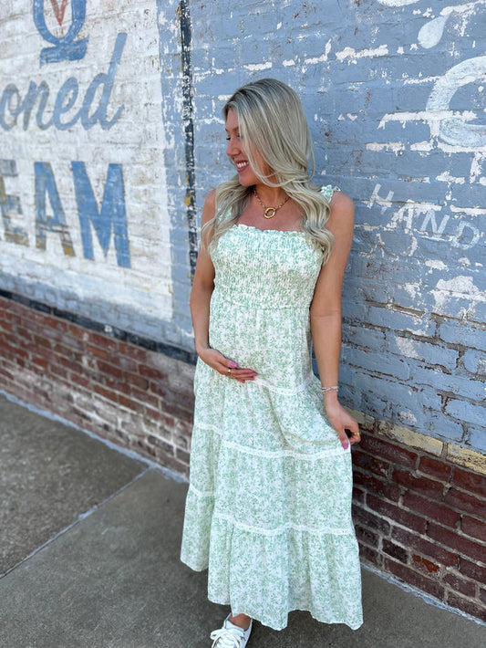 GREEN FLORAL SMOCKED MIDI