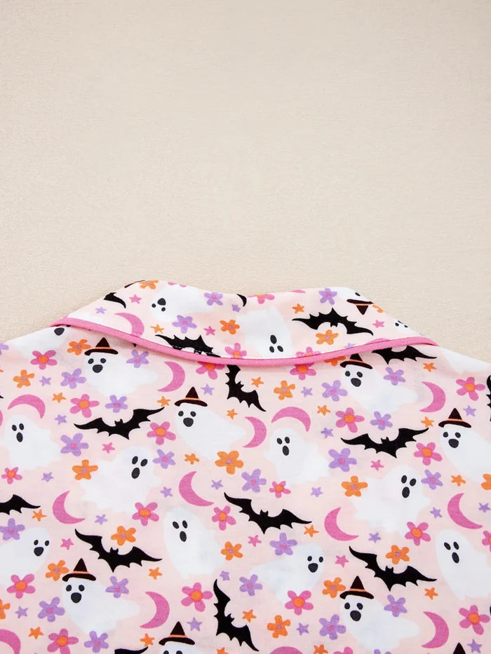 Halloween Ghost Print Button Up Top and Pants Lounge Set