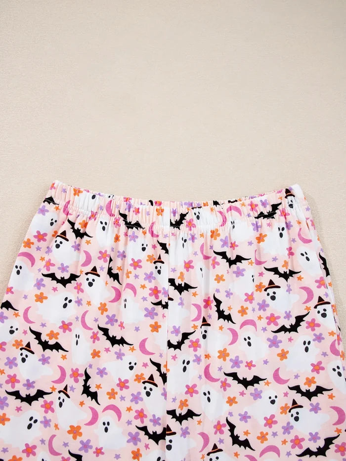 Halloween Ghost Print Button Up Top and Pants Lounge Set