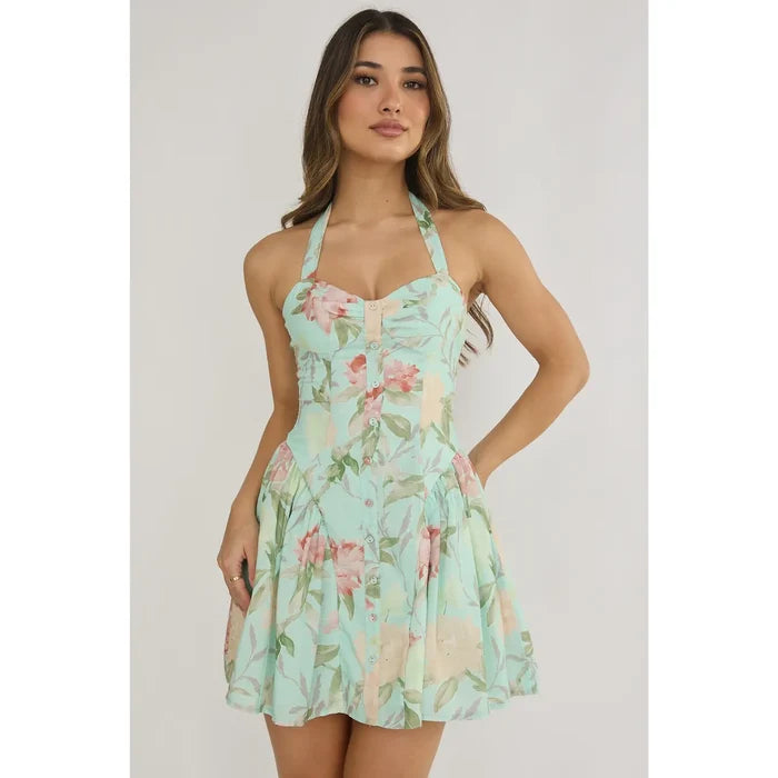 Halter Mint Floral Mini Dress - Greige Goods