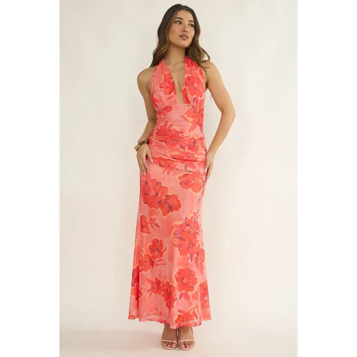 Halter Tropical Maxi Dress - Greige Goods