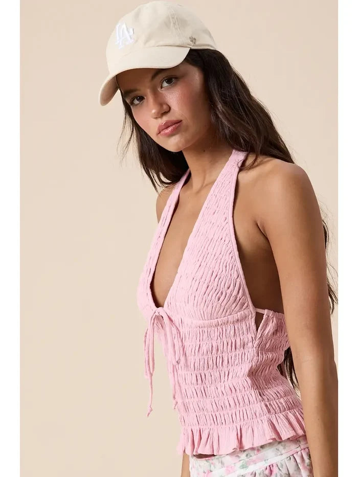 Halter V-Neck Open Back Top - Greige Goods