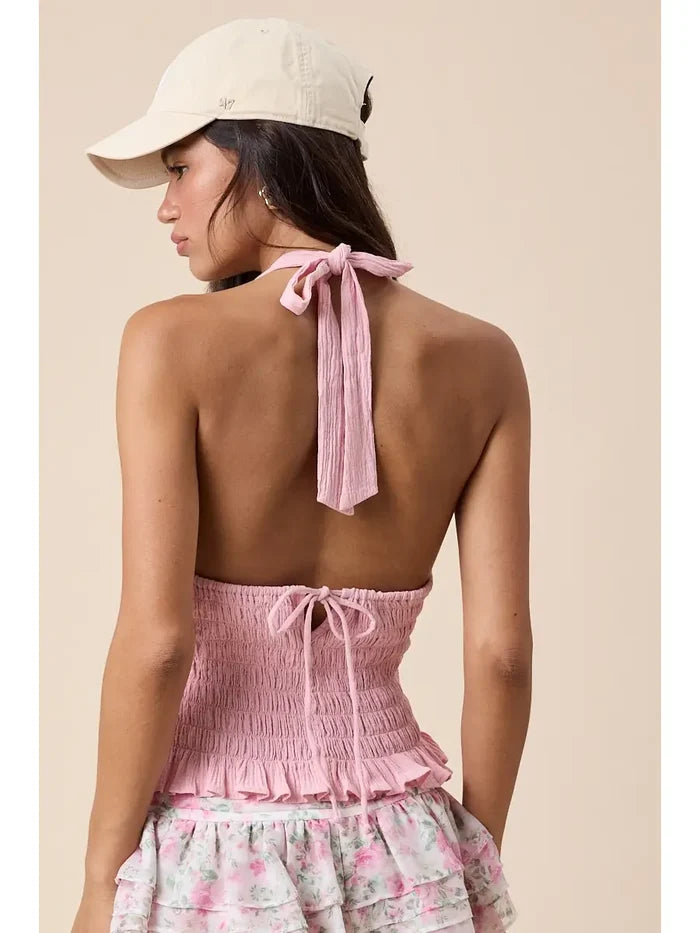Halter V-Neck Open Back Top - Greige Goods