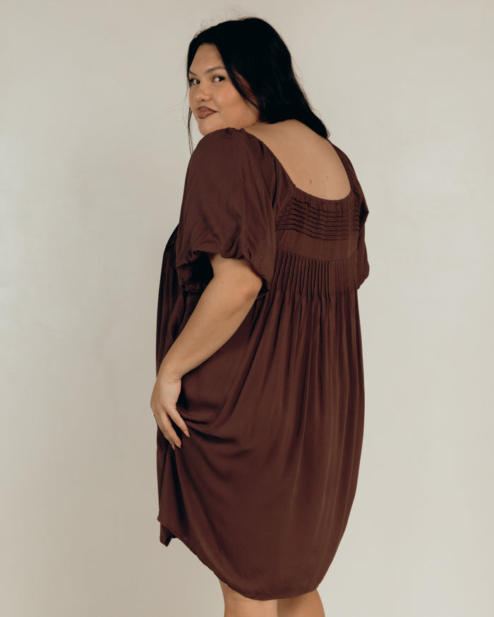 Harper Mini Dress in Chocolate - Elasticated Back - The Lullaby Club