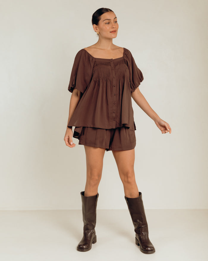 Harper Top in Chocolate - Button Front Blouse - The Lullaby Club