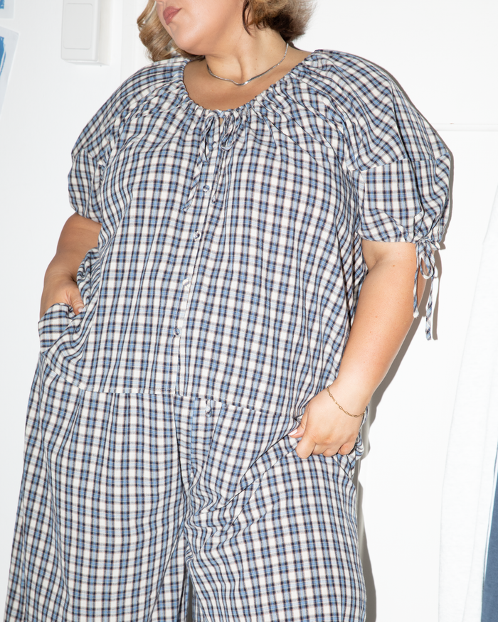 Harvey Top in Denim Gingham - Adjustable Neckline Top - The Lullaby Club