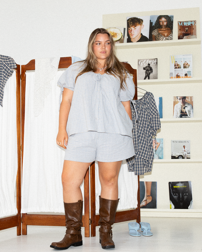 Harvey Top in Powder Blue Gingham - Maternity & Postpartum Friendly Top - The Lullaby Club