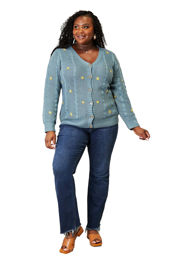 HEYSON Full Size Floral Embroidered Cable Cardigan