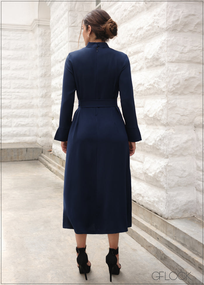High Neck Front Waist Tie Dress - 140723