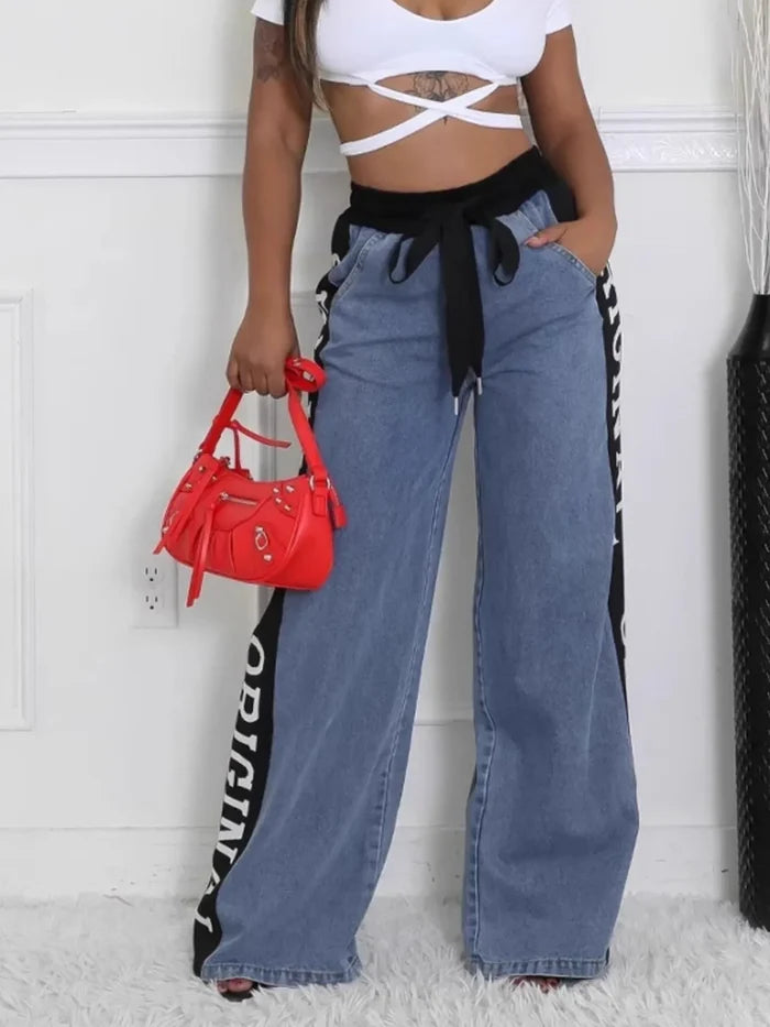 High Waist Wide Leg Denim Jeans with Side Letter Print