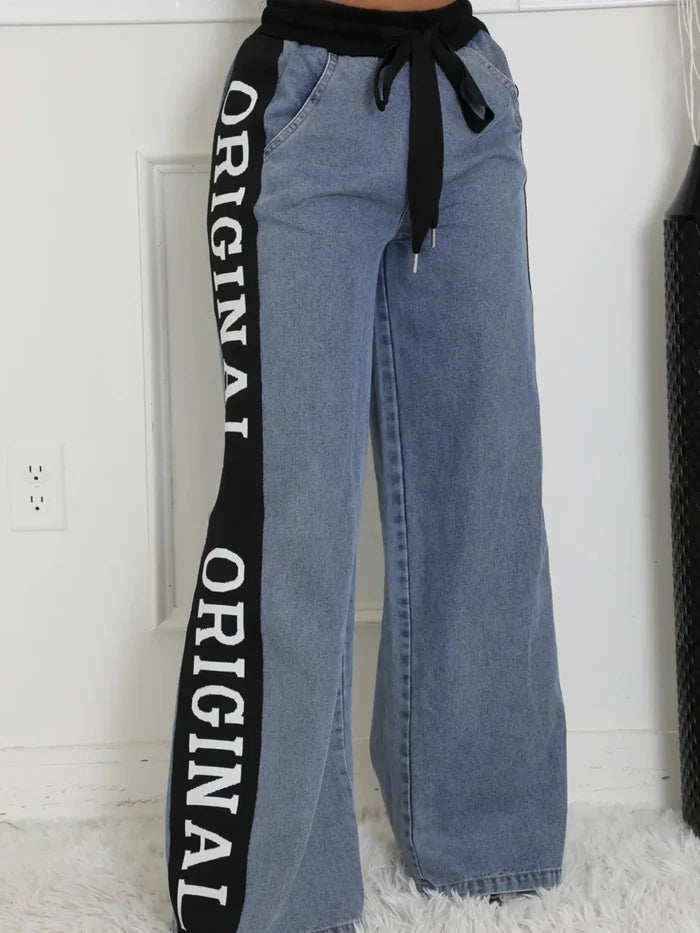High Waist Wide Leg Denim Jeans with Side Letter Print
