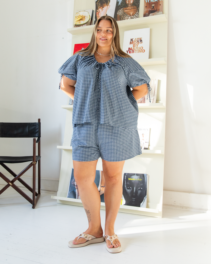 Honey Shorts in Navy Gingham - Maternity and Postpartum Friendly Shorts - The Lullaby Club