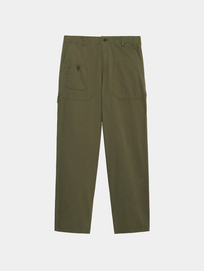 Alpha Industries Hungarian Fatigue Mod Pant in Og-107 Green cotton herringbone with straight-leg cut, button closure, front and flap pockets.