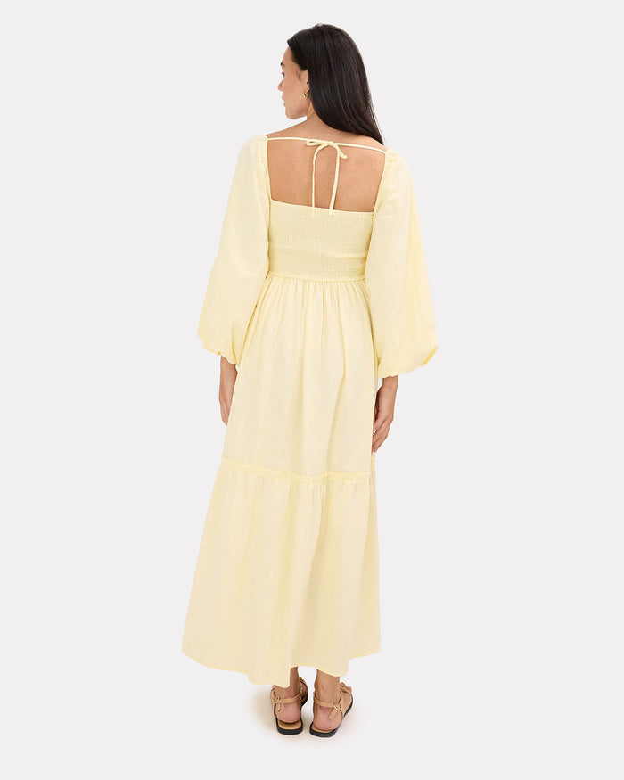 Izzy Maxi Dress in Lemon | Shirred Fitted Bodice | The Lullaby Club