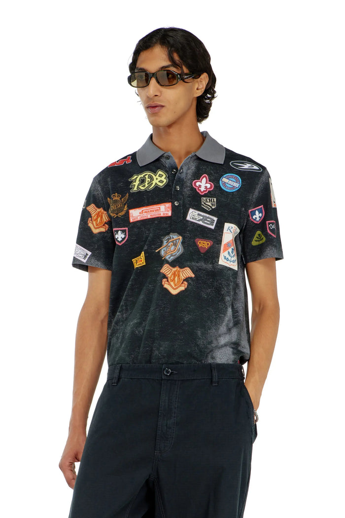 Jersey polo shirt with trompe l'oeil patches