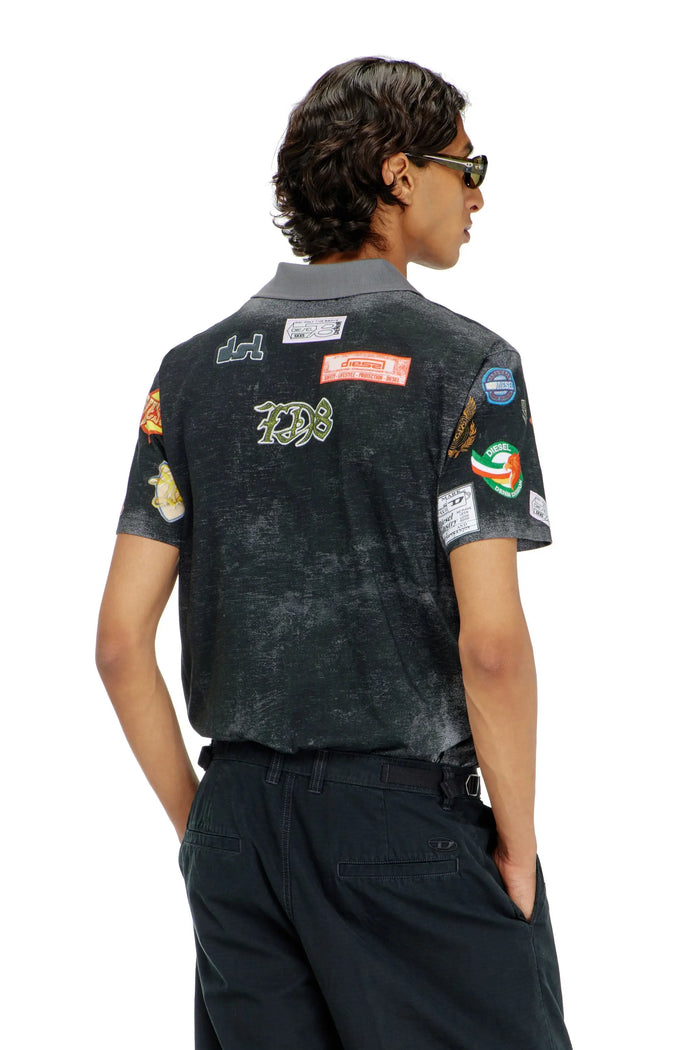 Jersey polo shirt with trompe l'oeil patches