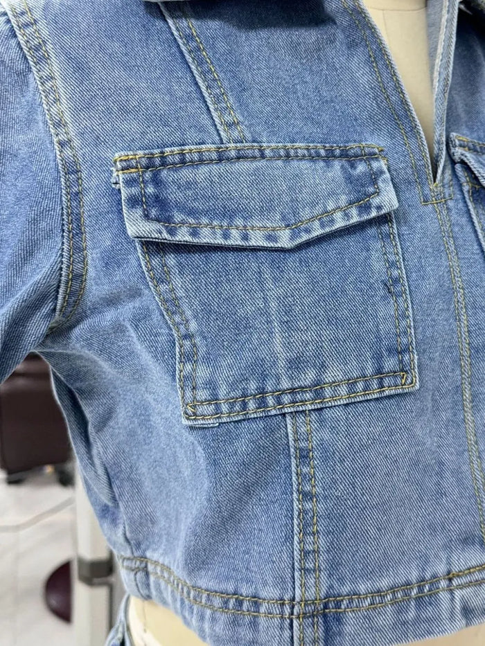 Johnny Collar Short Sleeve Top and Skort Denim Set