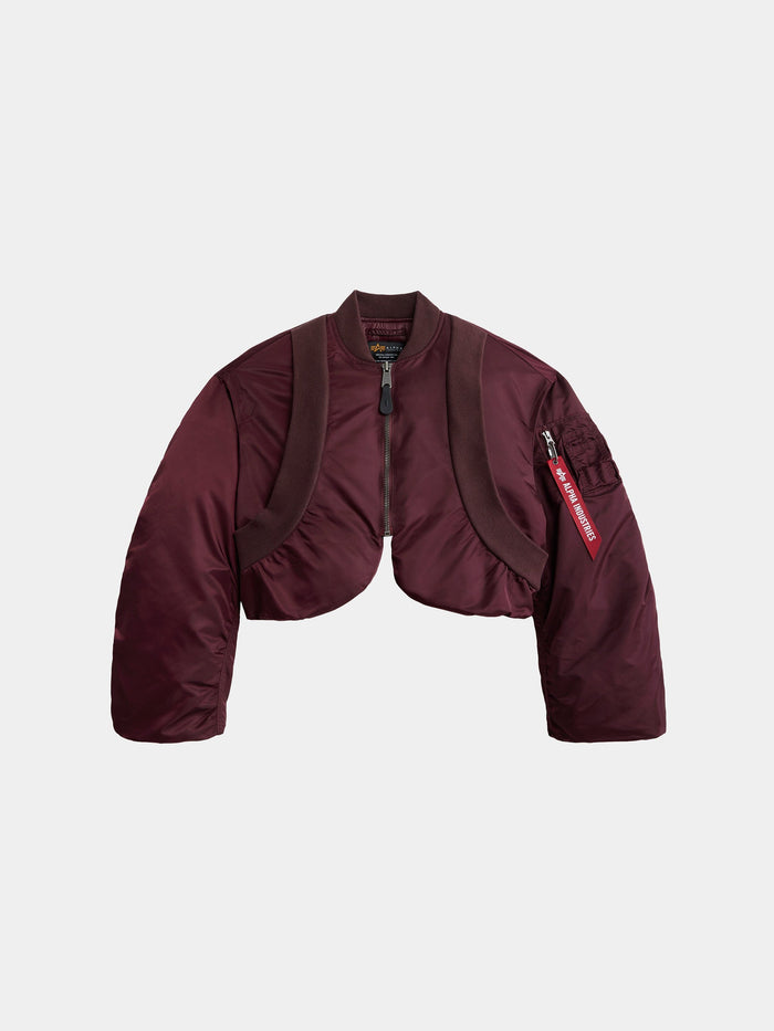 Alpha Industries Knit Rib MA-1 Flight Jacket Womens in Cedar Red with cropped fit, long sleeves, front zipper, brown harness detail.