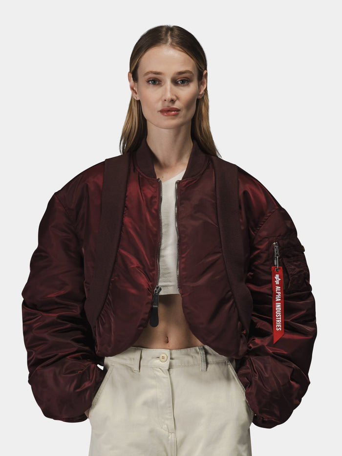Alpha Industries Knit Rib MA-1 Flight Jacket Womens in burgundy with ribbed cuffs and collar, zip front closure.