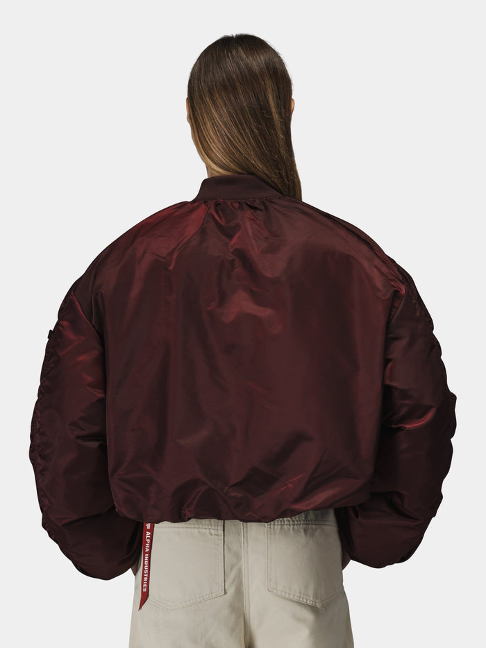 Alpha Industries Knit Rib MA-1 Flight Jacket Womens in shiny burgundy with knit rib cuffs and hem, zip closure.