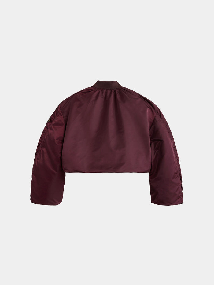 Alpha Industries Knit Rib MA-1 Flight Jacket Womens, cropped maroon bomber with long sleeves and ribbed collar.