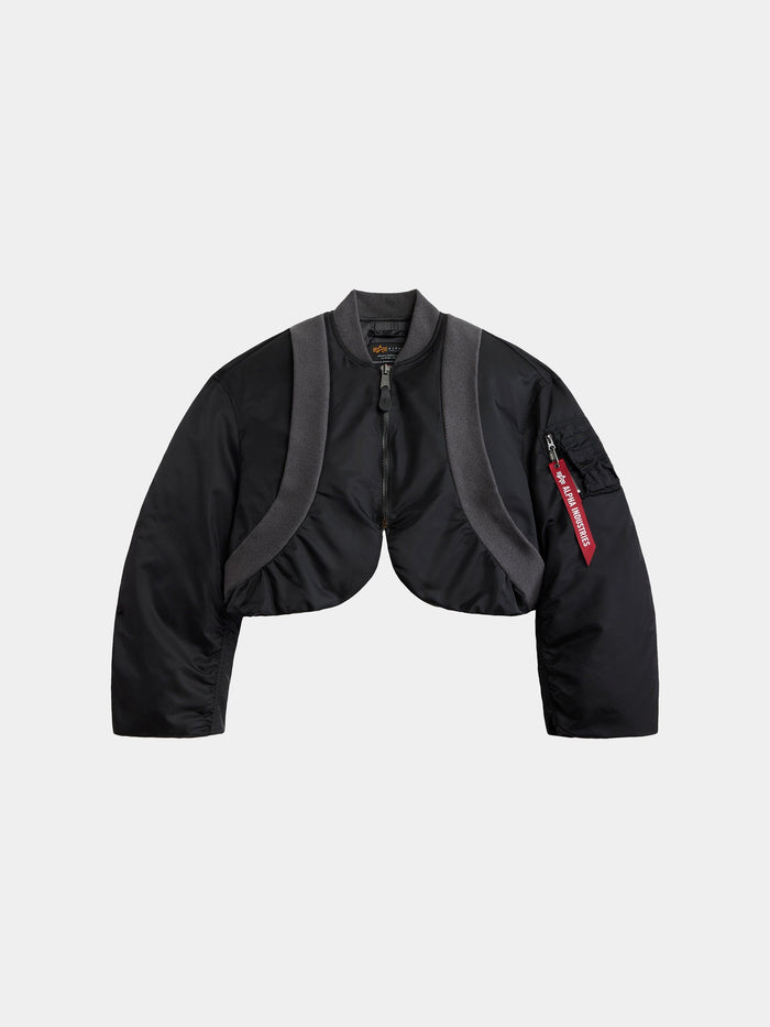 Alpha Industries Knit Rib MA-1 Flight Jacket Womens in black with grey trim, front zipper, and red sleeve tag.