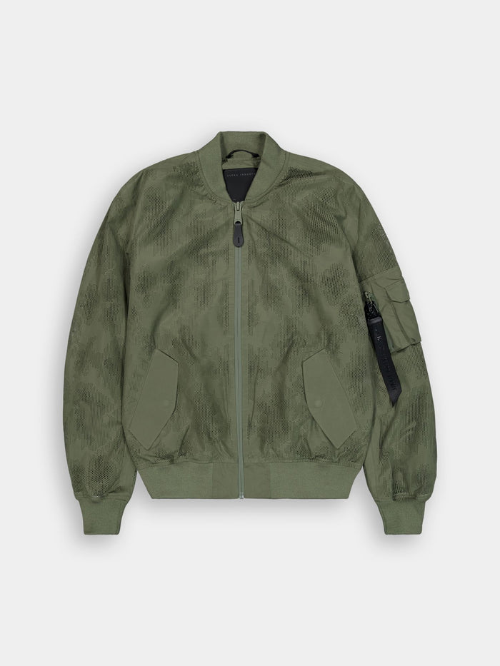 Alpha Industries L-2B Laser Cut Flight Jacket, Sage, front zipper, two angled front pockets, ribbed cuffs and hem, zippered sleeve pocket.