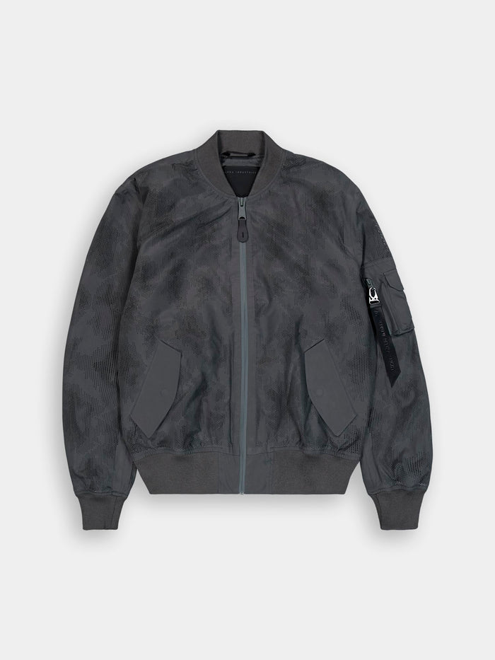 L-2B Laser Cut Flight Jacket by Alpha Industries in Charcoal, zip front, ribbed cuffs and hem, two front pockets, small black sleeve tag.
