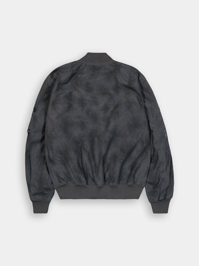 Alpha Industries L-2B Laser Cut Flight Jacket, dark gray, geometric pattern, ribbed cuffs, collar, and waistband.