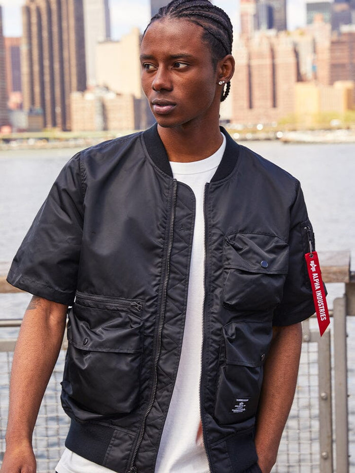 Alpha Industries L-2B Short Sleeve Bomber Jacket, utility pocket, white shirt.