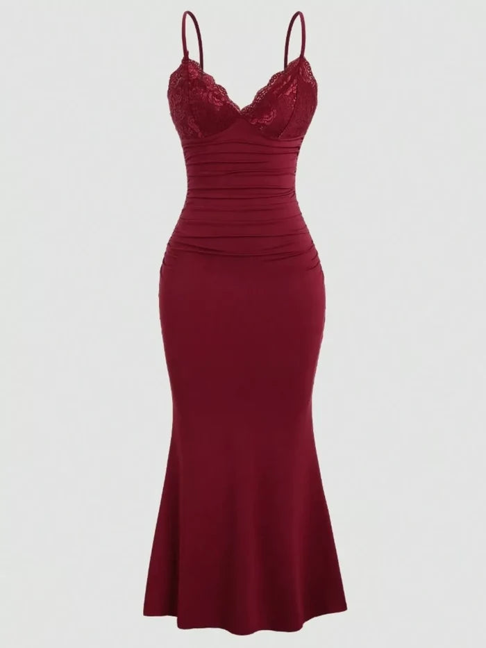 Lace Trim Ruched Mermaid Dress