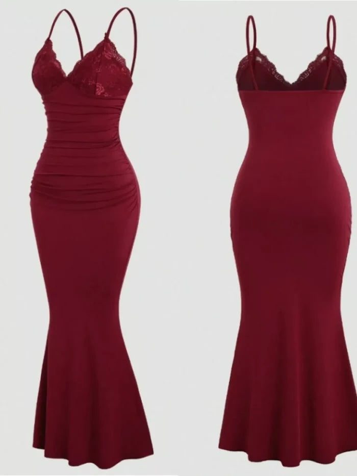 Lace Trim Ruched Mermaid Dress