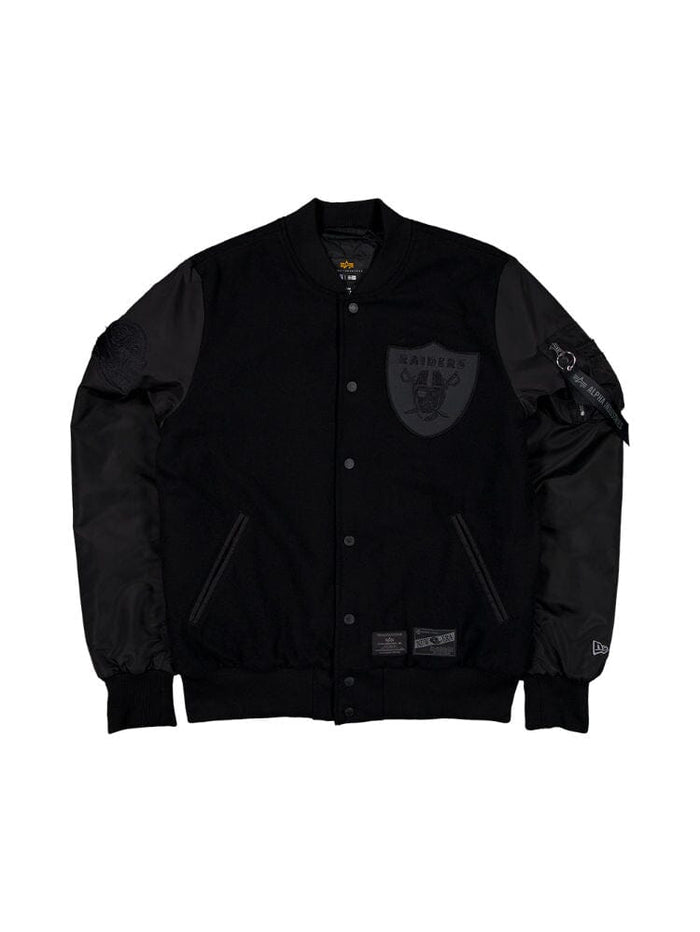 Introducing the Las Vegas Raiders x Alpha x New Era Wool Varsity MA-1 Bomber Jacket by Alpha Industries, available in black, featuring a Raiders logo on the front. This jacket is crafted from faux leather and includes snap button closures with two pockets.