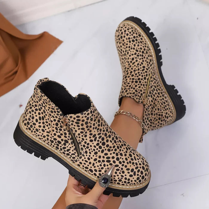 Leopard Print Ankle Boots with Zipper
