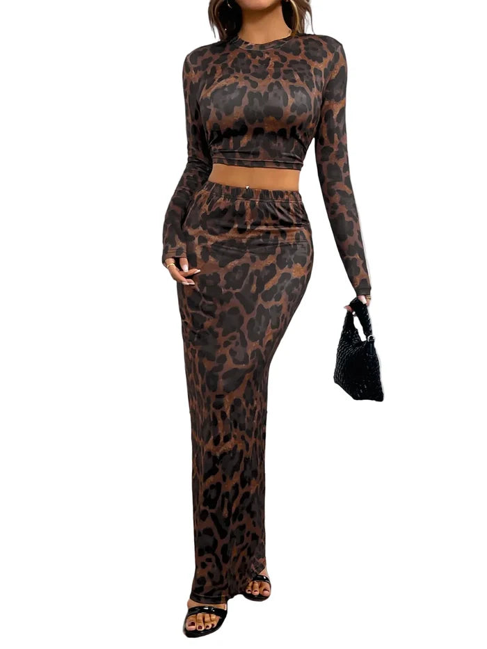 Leopard Round Neck Top and Skirt Set