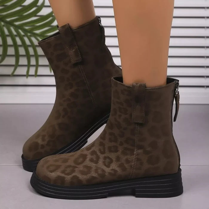 Leopard Round Toe Block Heels Boots