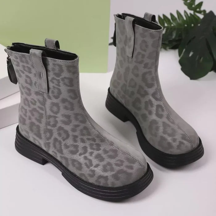 Leopard Round Toe Block Heels Boots