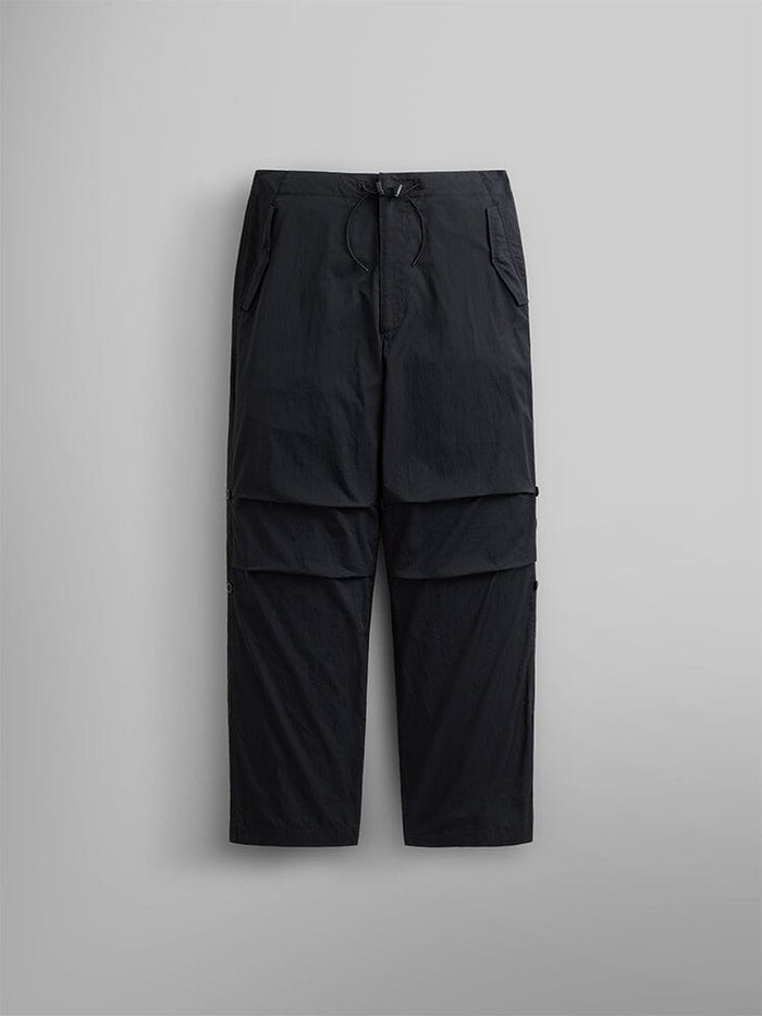 Alpha Industries Lightweight Parachute Pant, Black, nylon/cotton blend, relaxed fit, drawstring waist, flap thigh panels.