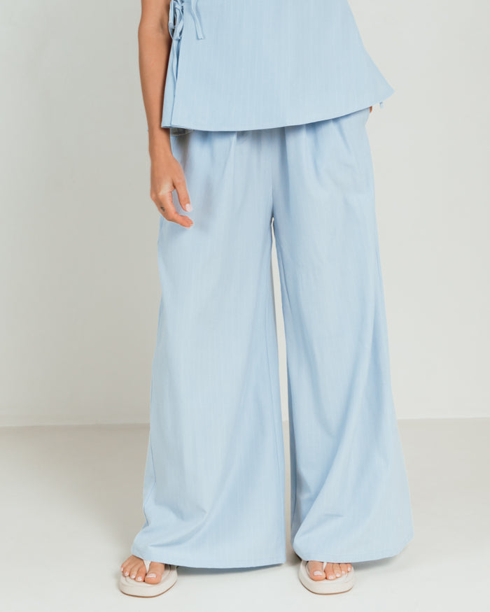 Lola Pants in Blue Pinstripe - Wide-Legged Pinstripe Trousers - The Lullaby Club