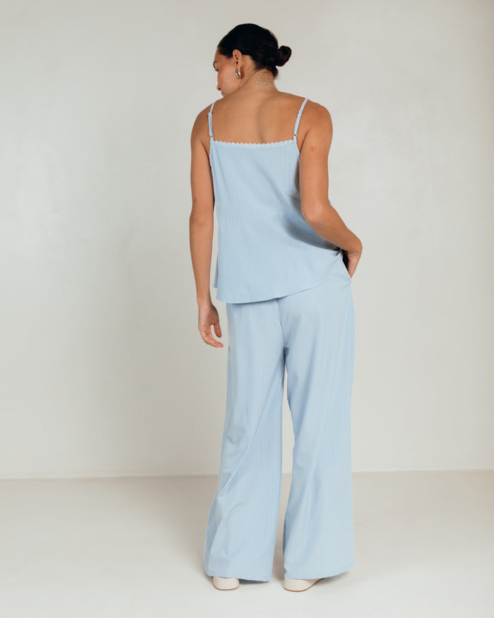 Lola Pants in Blue Pinstripe - Maternity and Postpartum Friendly Pinstripe Trousers - The Lullaby Club
