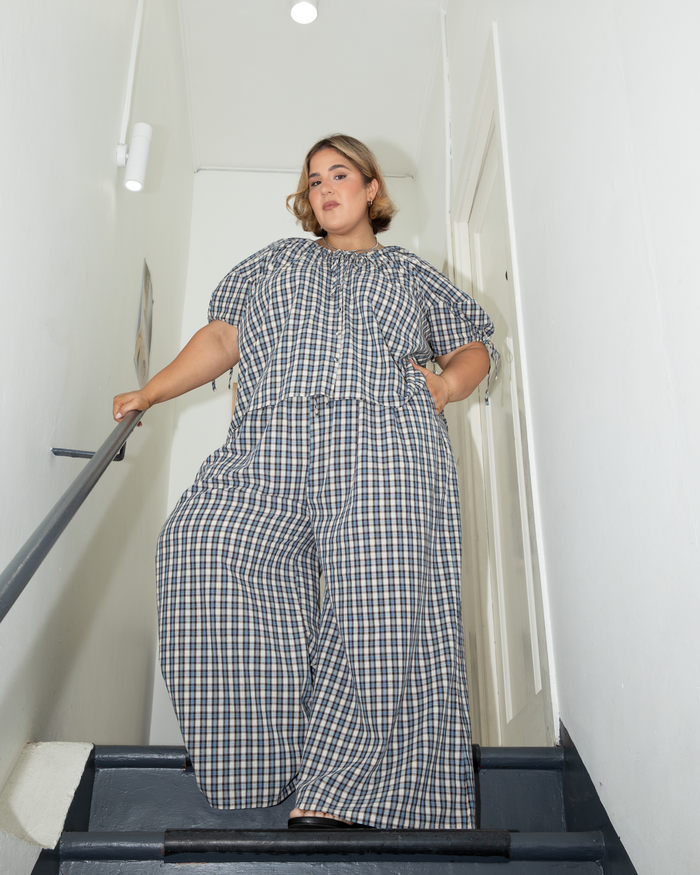 Lola Pants in Denim Gingham - Maternity Friendly Pants - The Lullaby Club