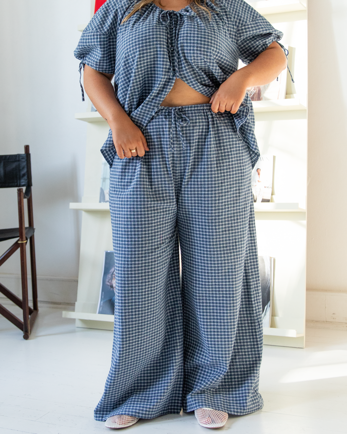 Lola Pants in Navy Gingham - Adjustable Elastic Waistband - The Lullaby Club