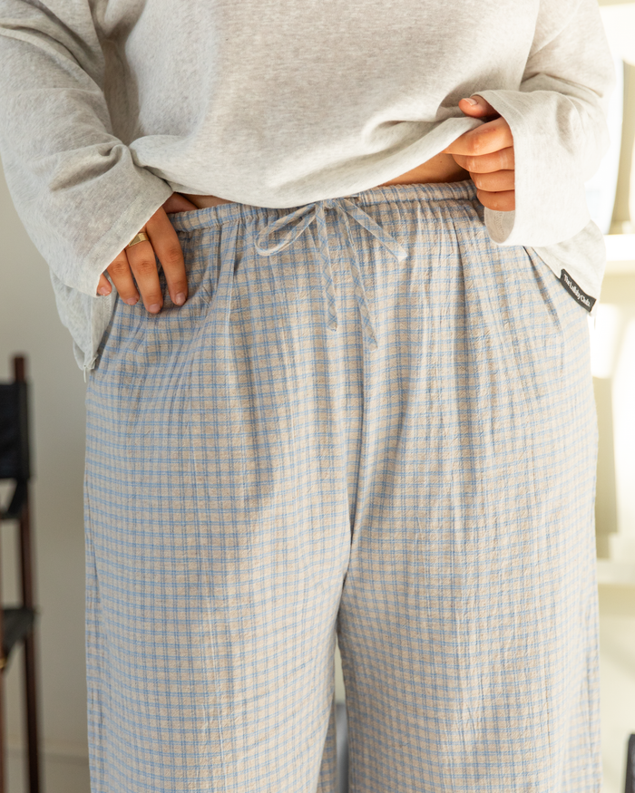 Lola Pants in Powder Blue Gingham - Wide-Legged Pants in Extended Size Range AU6-26 - The Lullaby Club