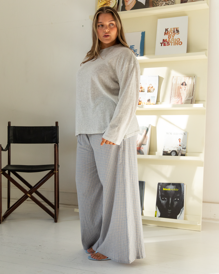 Lola Pants in Powder Blue Gingham - Maternity and Postpartum Friendly Pants - The Lullaby Club