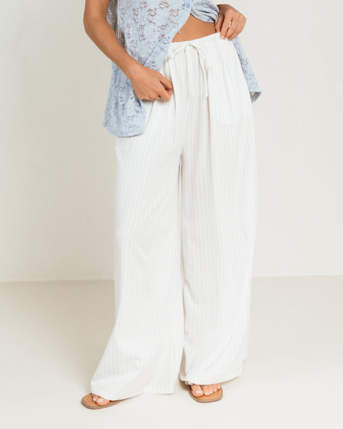 Lola Pants in White Pinstripe - Pregnancy and Postpartum Friendly Pants - The Lullaby Club