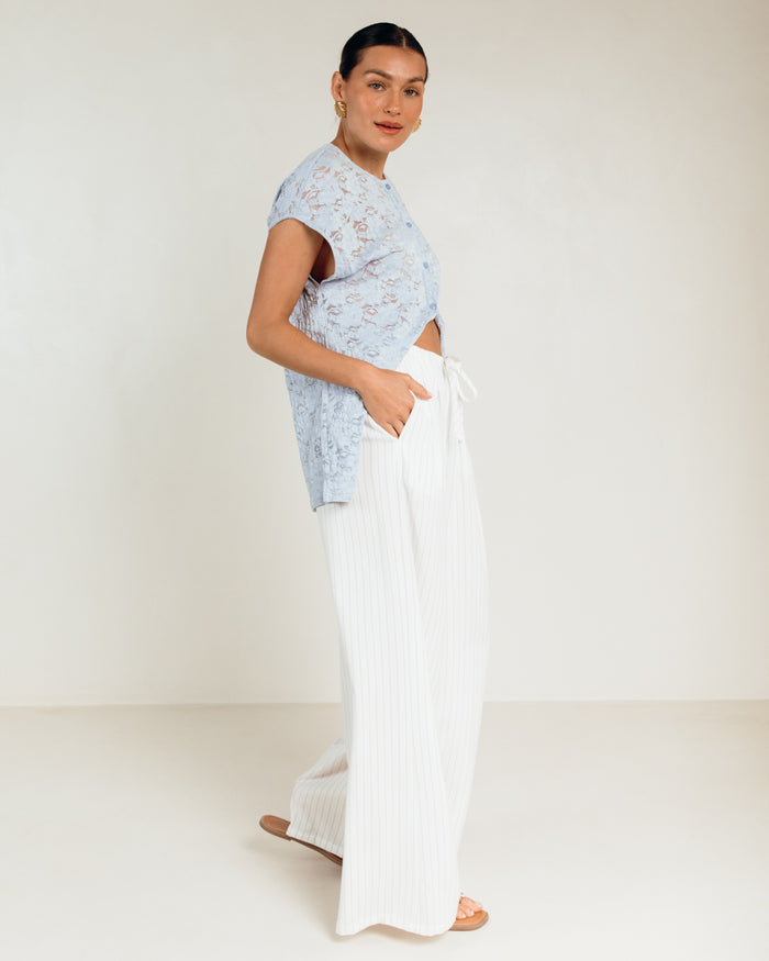 Lola Pants in White Pinstripe - Functional Side Pockets in Pinstripe Business Pants - The Lullaby Club