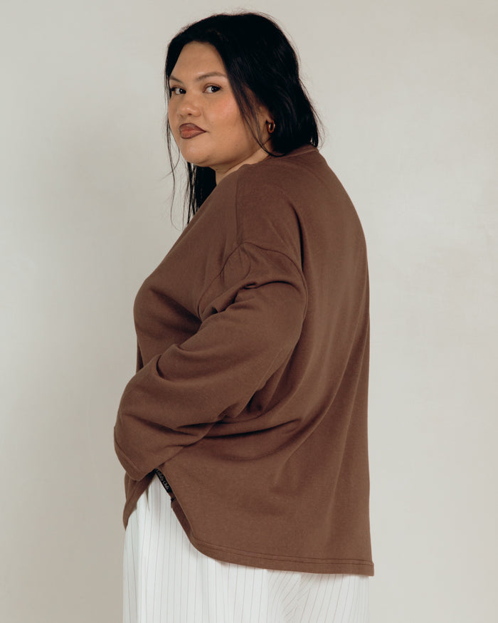 Long Sleeve Essentials Tee in Choc Knit - Drop Shoulder Ling Sleeve - The Lullaby Club